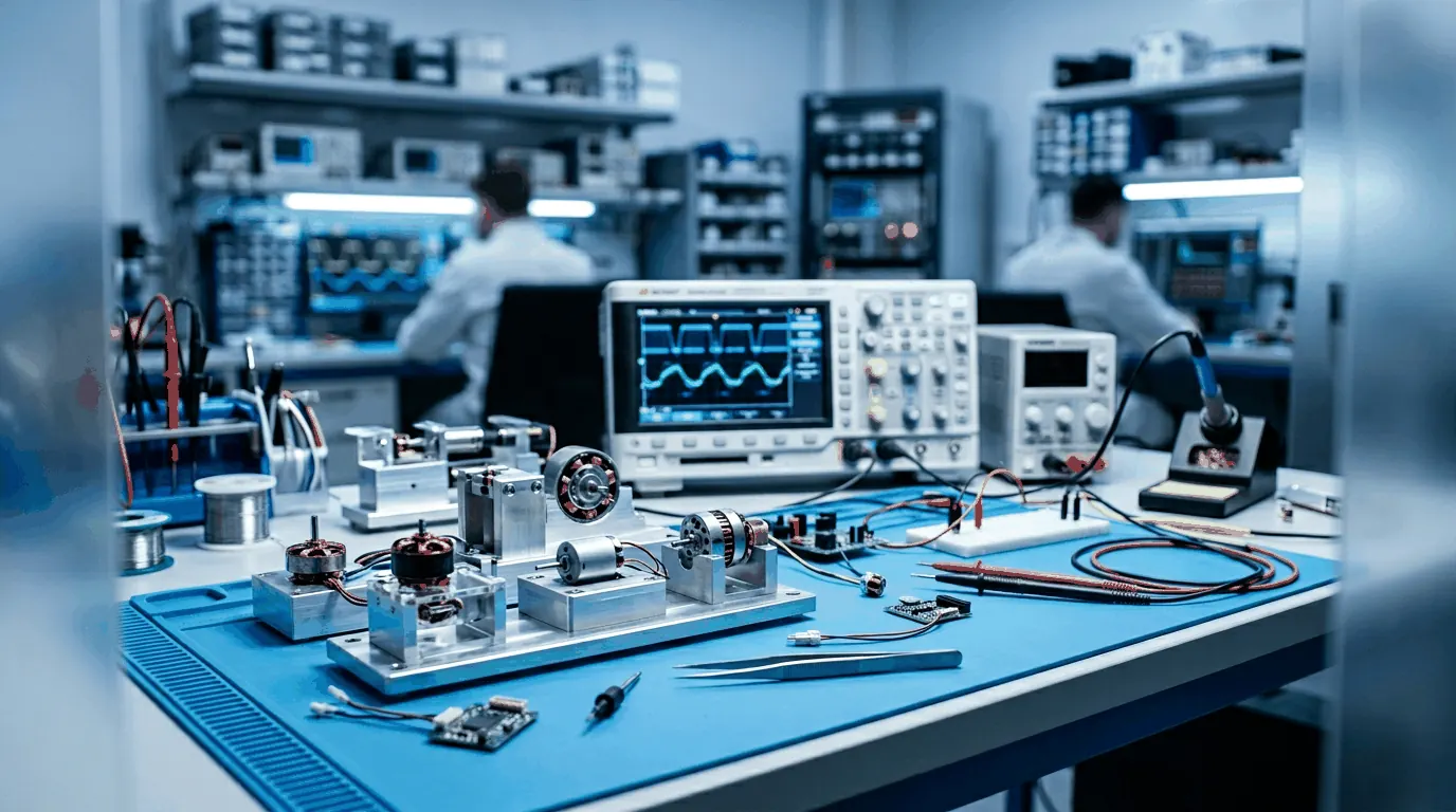 Engineering lab bench with test equipment and miniature motor samples